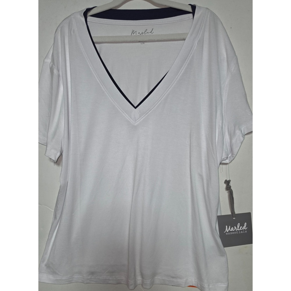 Marled Essentials Women White Navy V Neck Relaxed Fit Dolman Sleeve Top NWT L